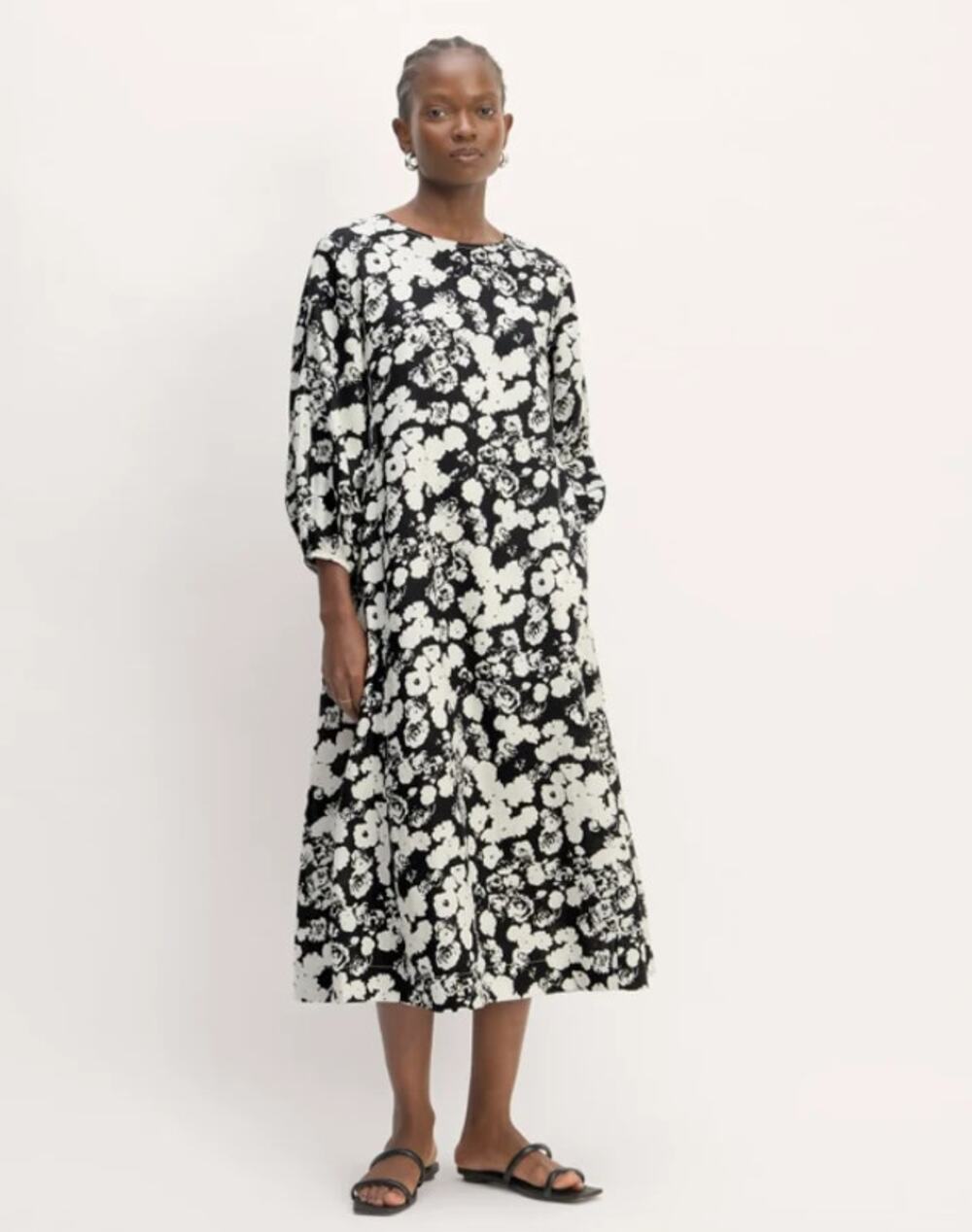 Everlane The Linen A-Line Midi Dress Black White Floral 2